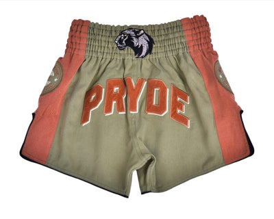 PRYDE Muay Thai Shorts - No Fear Green & Orange - Muay Thailand