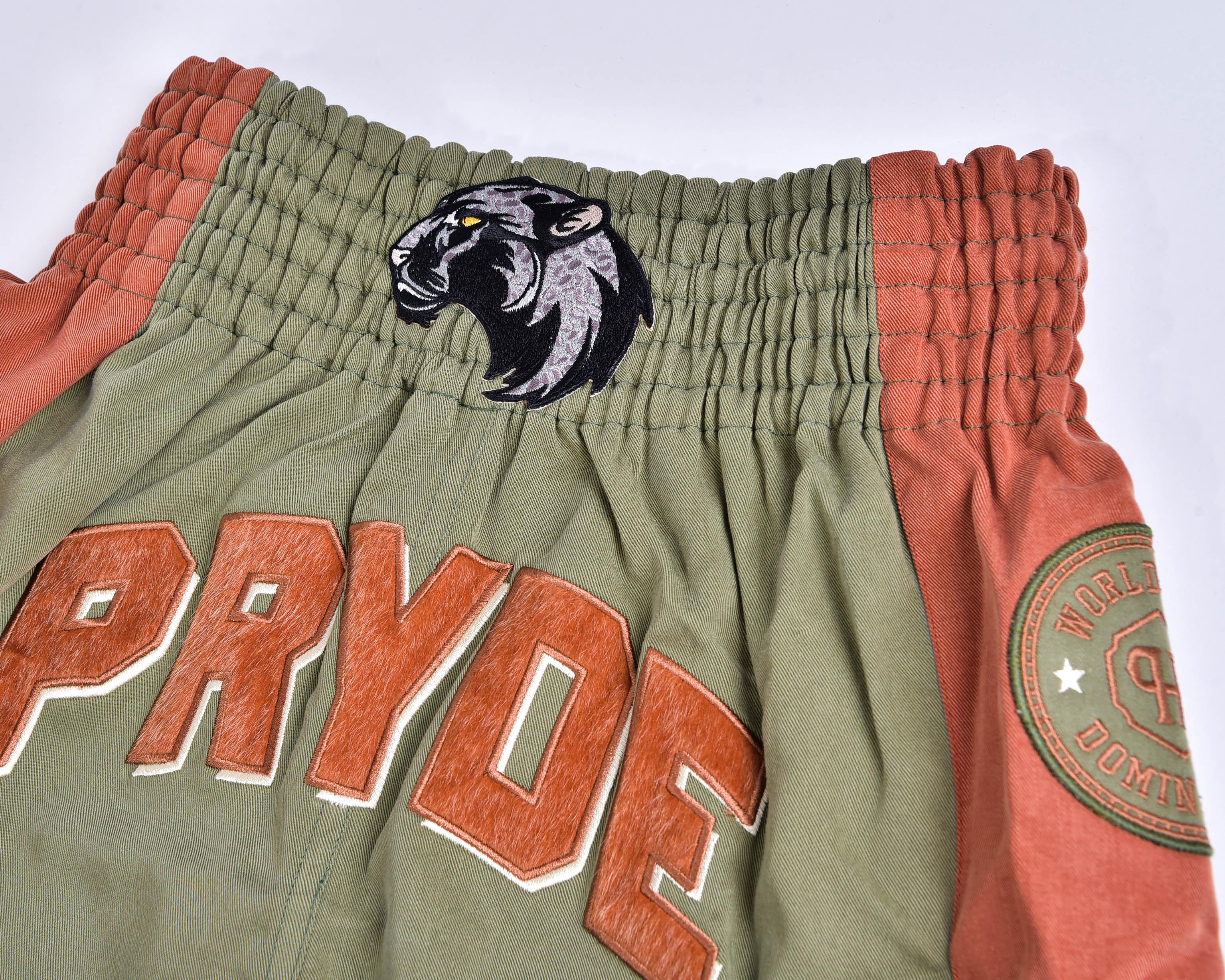 PRYDE Muay Thai Shorts - No Fear Green & Orange - Muay Thailand