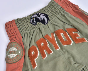 PRYDE Muay Thai Shorts - No Fear Green & Orange - Muay Thailand