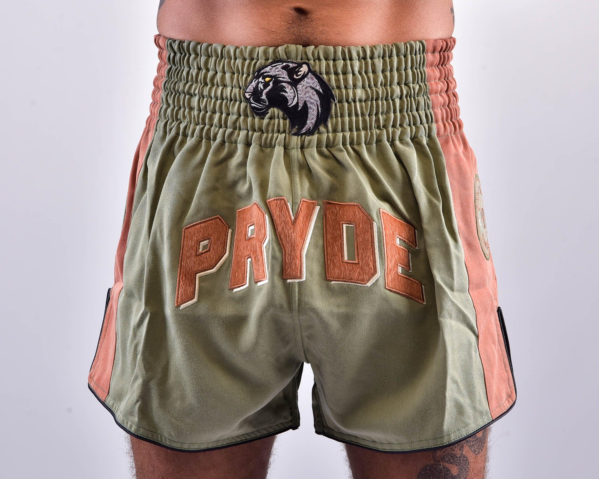 PRYDE Muay Thai Shorts - No Fear Green & Orange - Muay Thailand