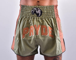 PRYDE Muay Thai Shorts - No Fear Green & Orange - Muay Thailand