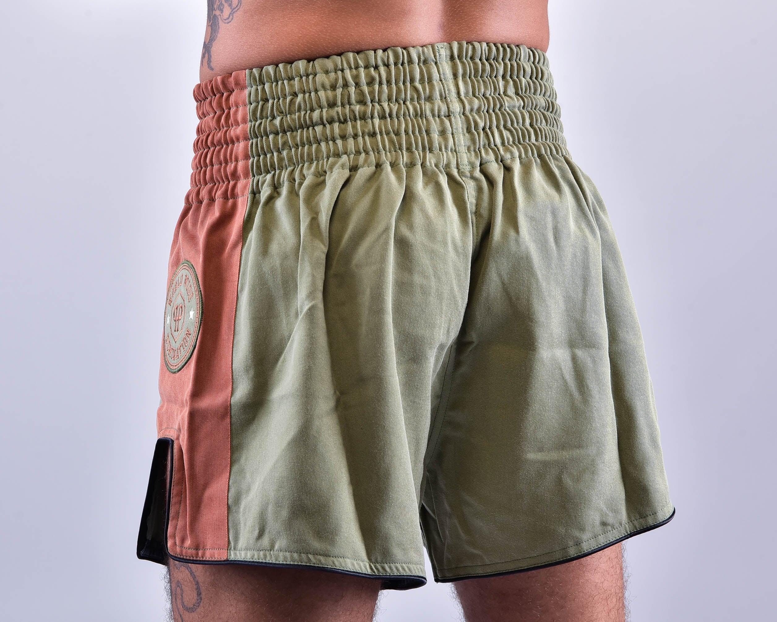 PRYDE Muay Thai Shorts - No Fear Green & Orange - Muay Thailand