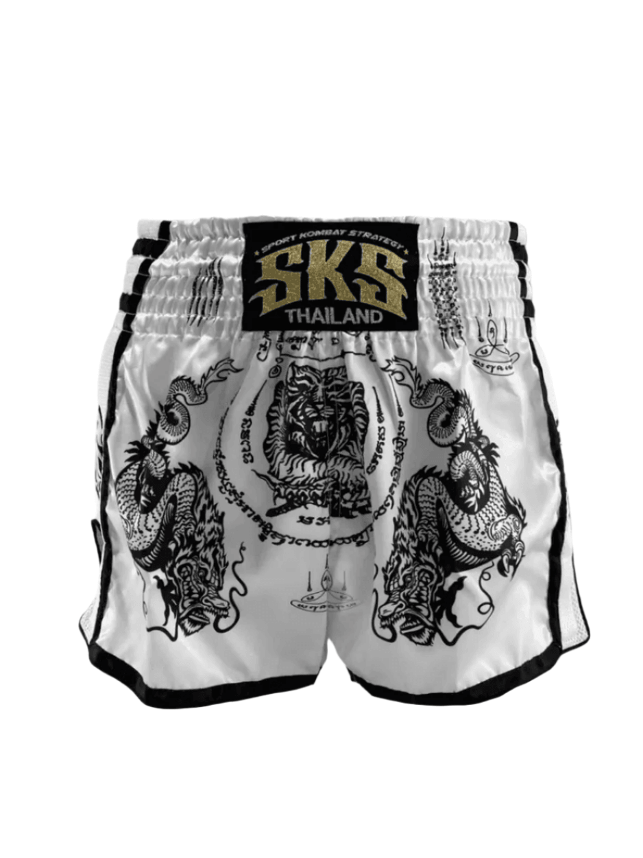 SKS Empire Muay Thai Shorts - Sak Yant White - Muay Thailand