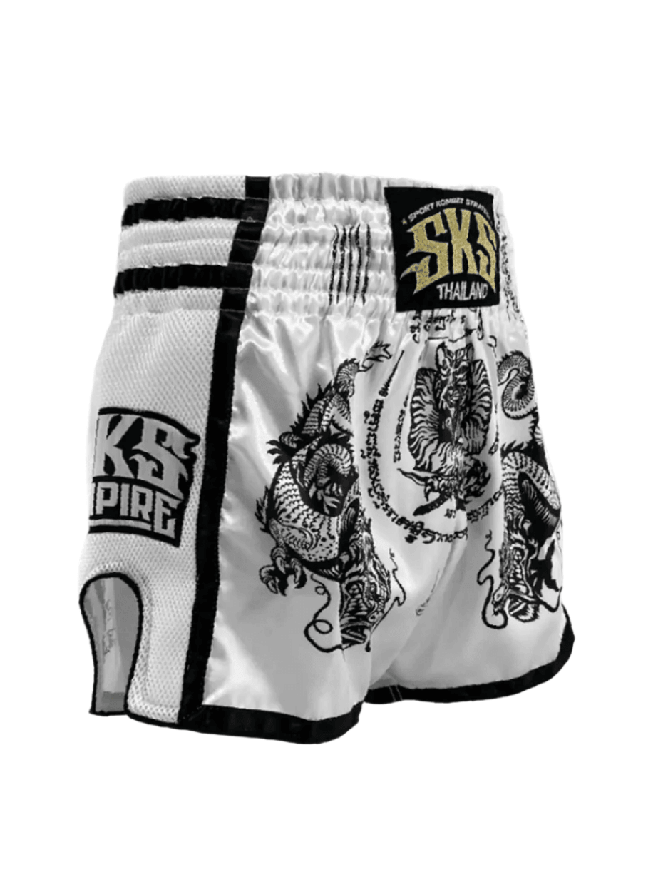 SKS Empire Muay Thai Shorts - Sak Yant White - Muay Thailand