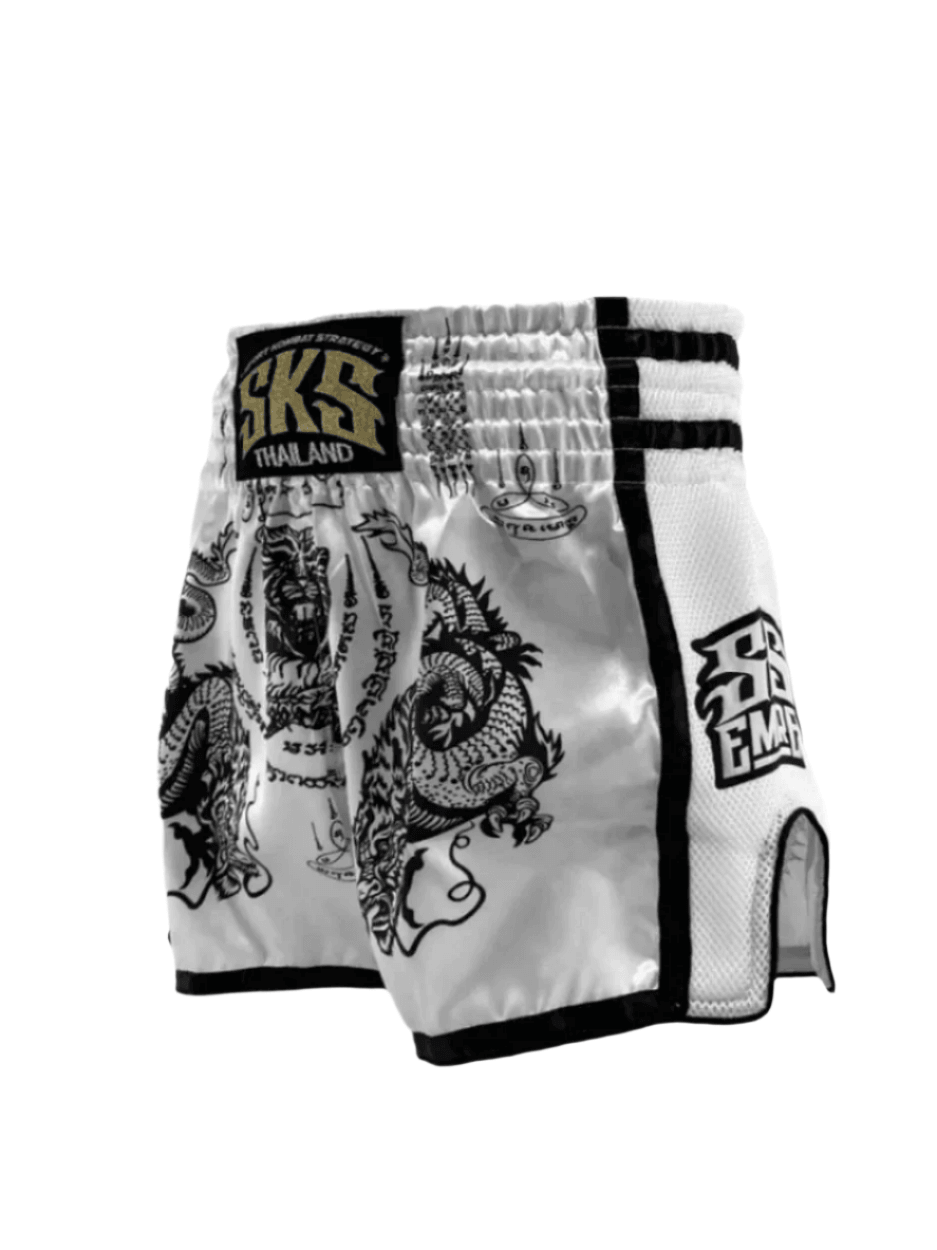 SKS Empire Muay Thai Shorts - Sak Yant White - Muay Thailand